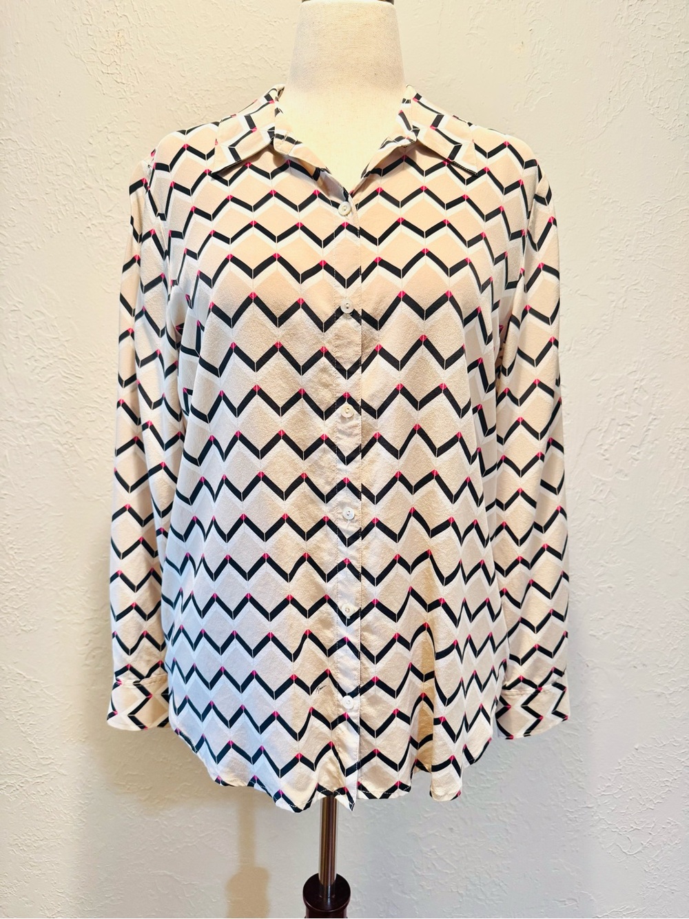 Trina Turk Silk Chevron/Herringbone Button-Front Blouse in Cream, Black and Pink